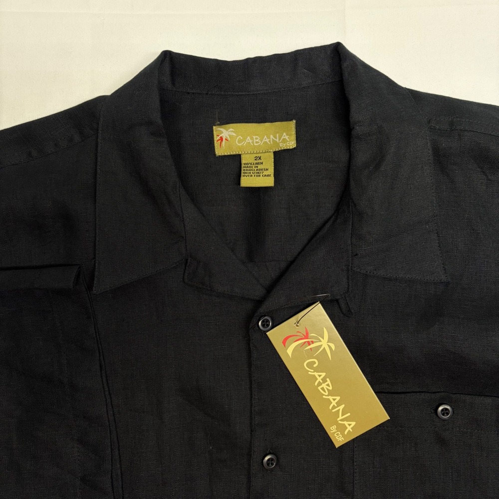 NWT Cabana 100% Linen Shirt Button Down 2X Resort Tropical Summer Beach Black - Picture 2 of 9